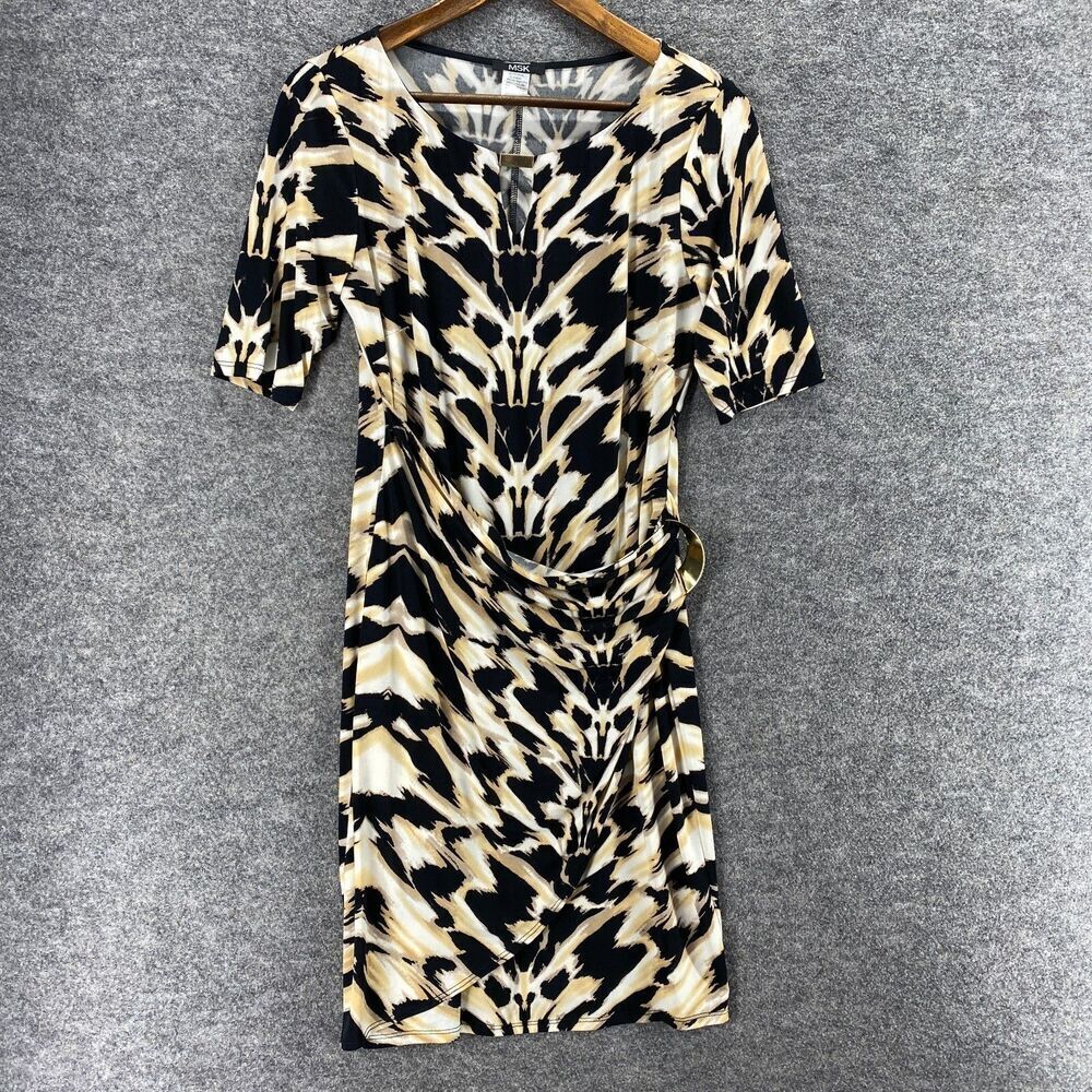 MSK Dress Women S Small Black Geometric Shift Midi Short Sleeve Pullover Casual
